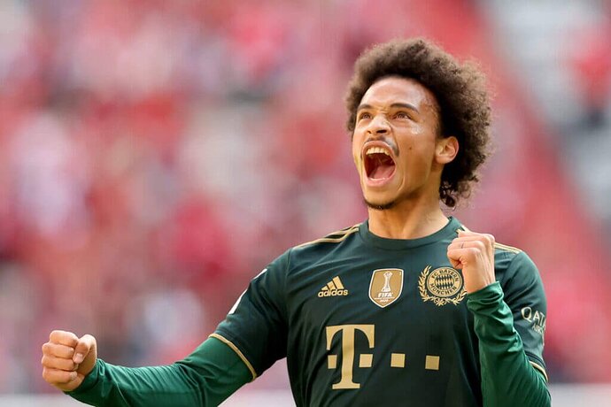 MUNICH, GERMANY - SEPTEMBER 18: Leroy Sane of FC Bayern Muenchen celebrates his first goal during the Bundesliga match between FC Bayern München and VfL Bochum at Allianz Arena on September 18, 2021 in Munich, Germany. (Photo by Alexander Hassenstein/Getty Images)